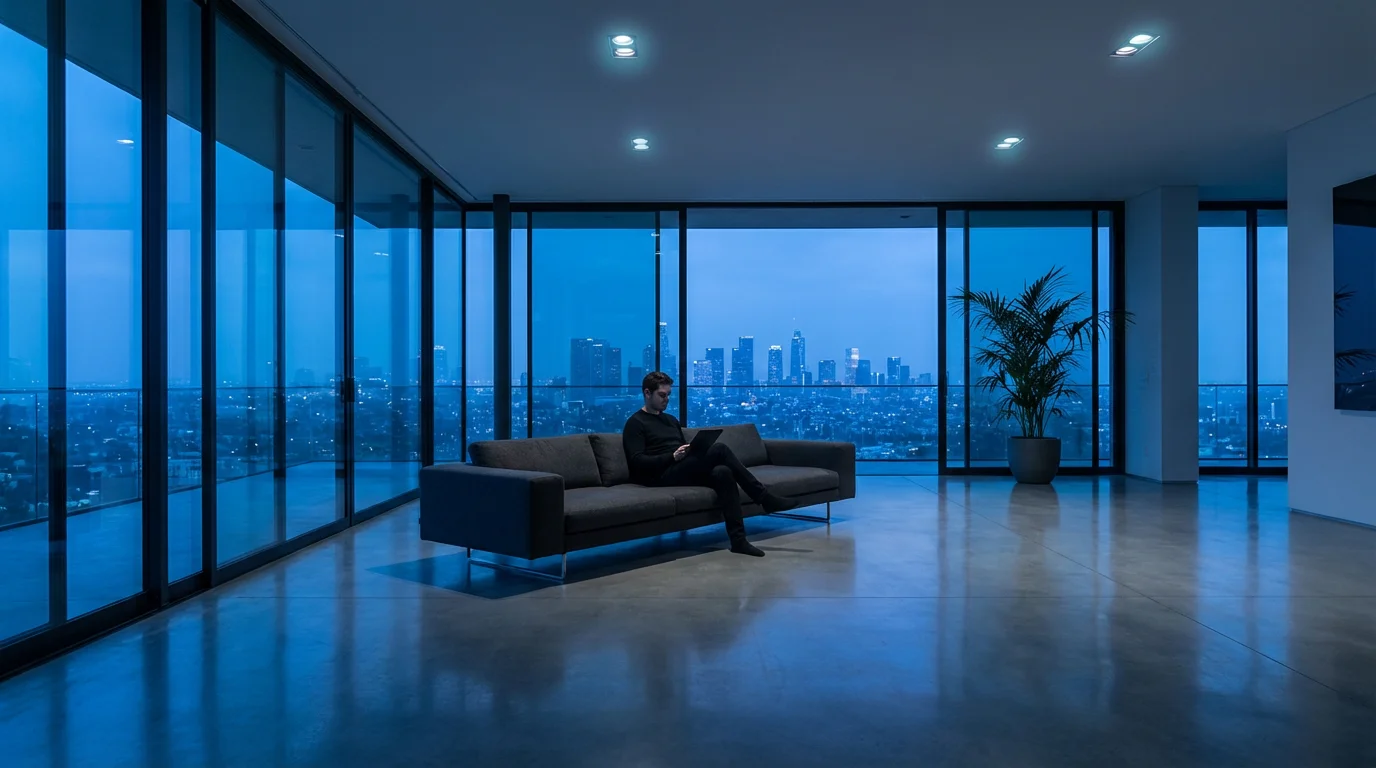 Wide shot of person using tablet in modern living room during blue hour twilight.