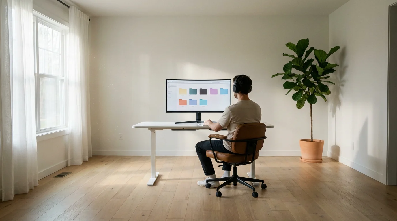 Wide view of a bright modern home office with a person working on a desktop computer.