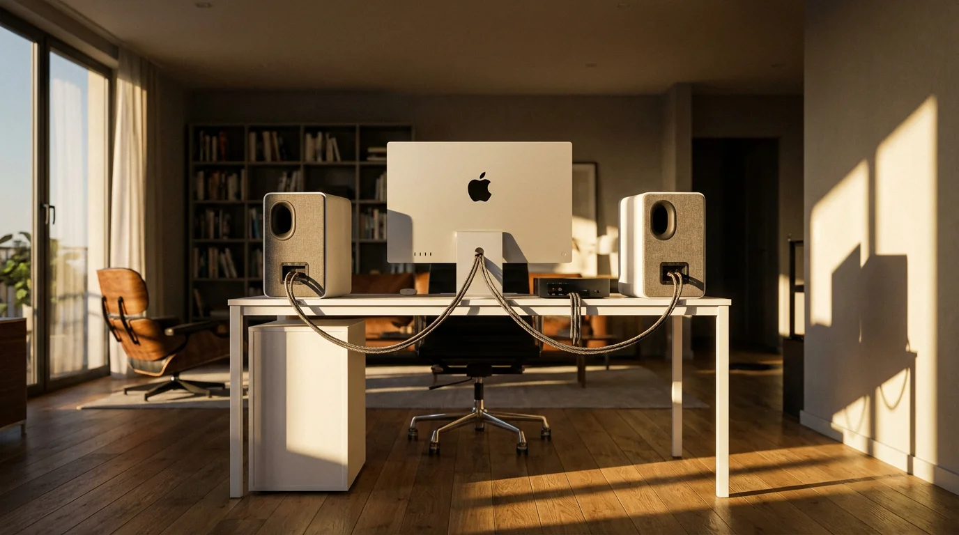 Wide view of a computer desk with wired speakers in a sunlit modern room.