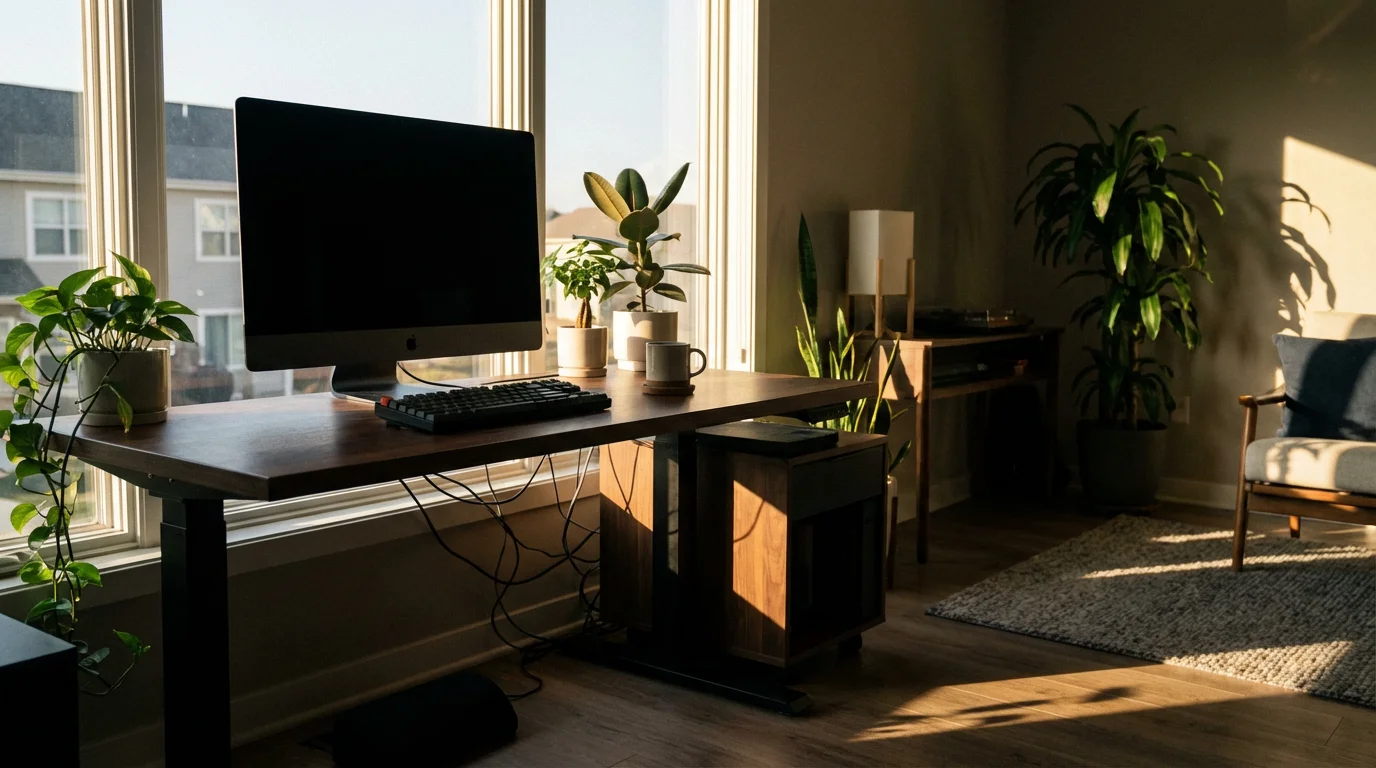 Wide view of a home office desk with computer in dramatic moody afternoon lighting.