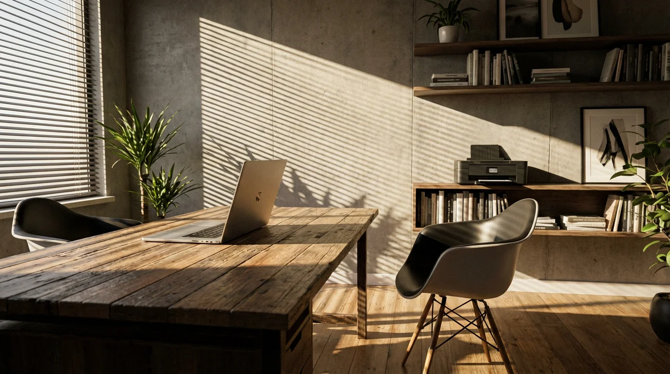 Wide view of a home office with a laptop and wireless printer in dramatic sunlight.