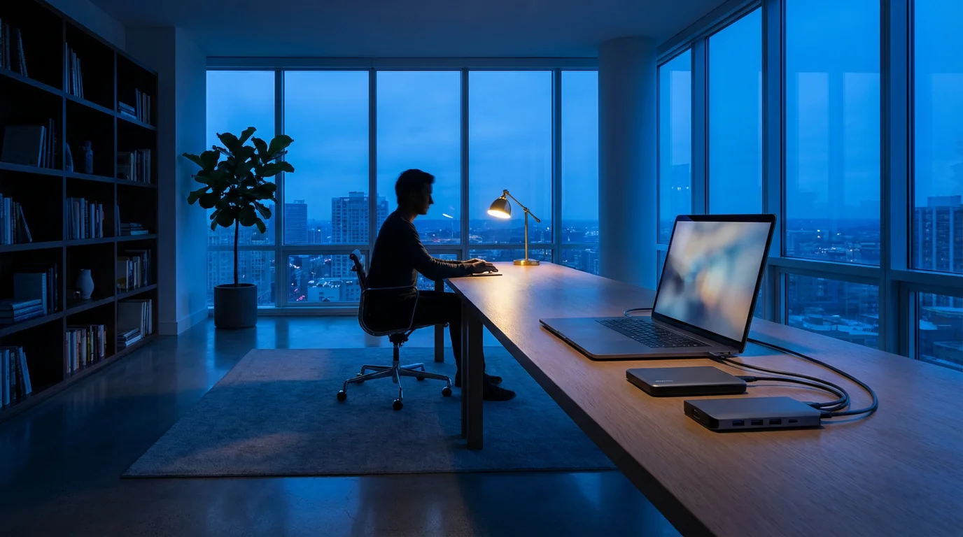 Wide view of a modern home office with laptop and peripherals at blue hour.
