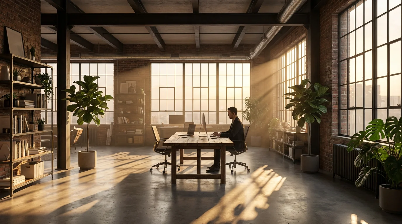 Wide view of a person typing at a desk in a sunlit modern office with shadows.