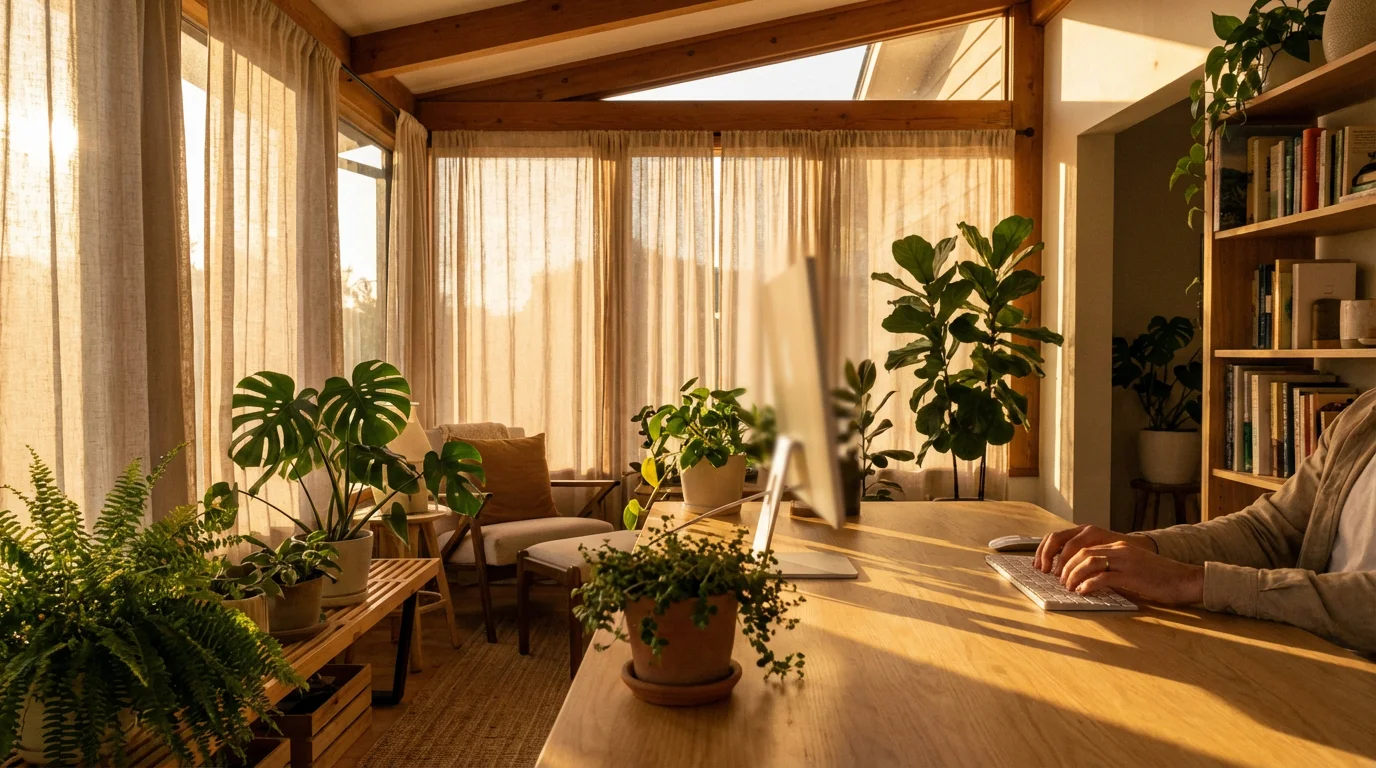 Wide view of a person typing on a keyboard in a sunny plant-filled office