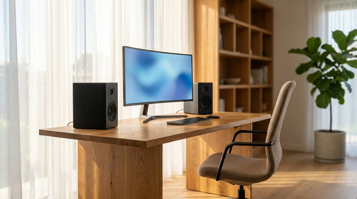 Wide view of sunny home office with desktop computer and external speakers on desk.