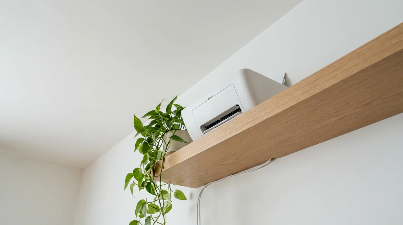 Wireless printer sitting on a high wooden shelf in a modern home office setup.