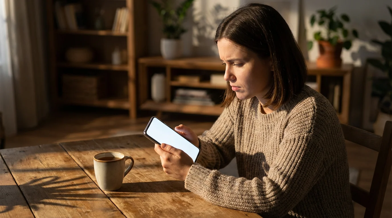 Woman looking confused at smartphone screen while troubleshooting contacts in moody afternoon light.