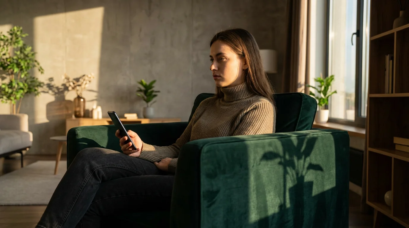 Woman reviewing smartphone notifications in a living room with dramatic afternoon lighting.