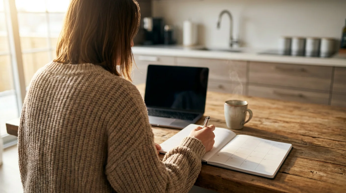 Woman scheduling a family video call in a paper planner with morning coffee.