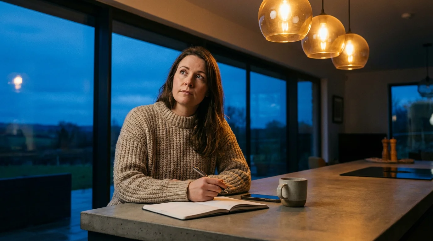 Woman sitting at kitchen counter with planner during evening blue hour.