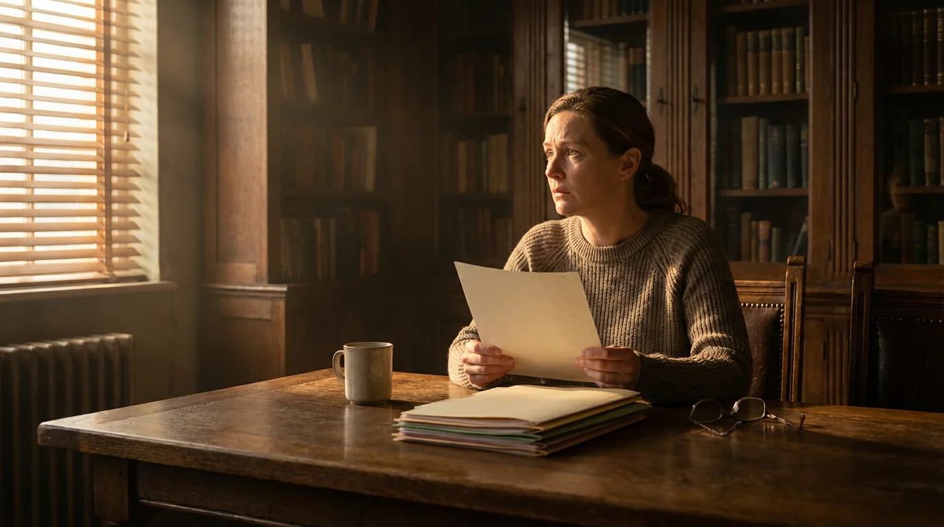 Woman sitting at table reviewing documents in moody afternoon lighting to protect identity.