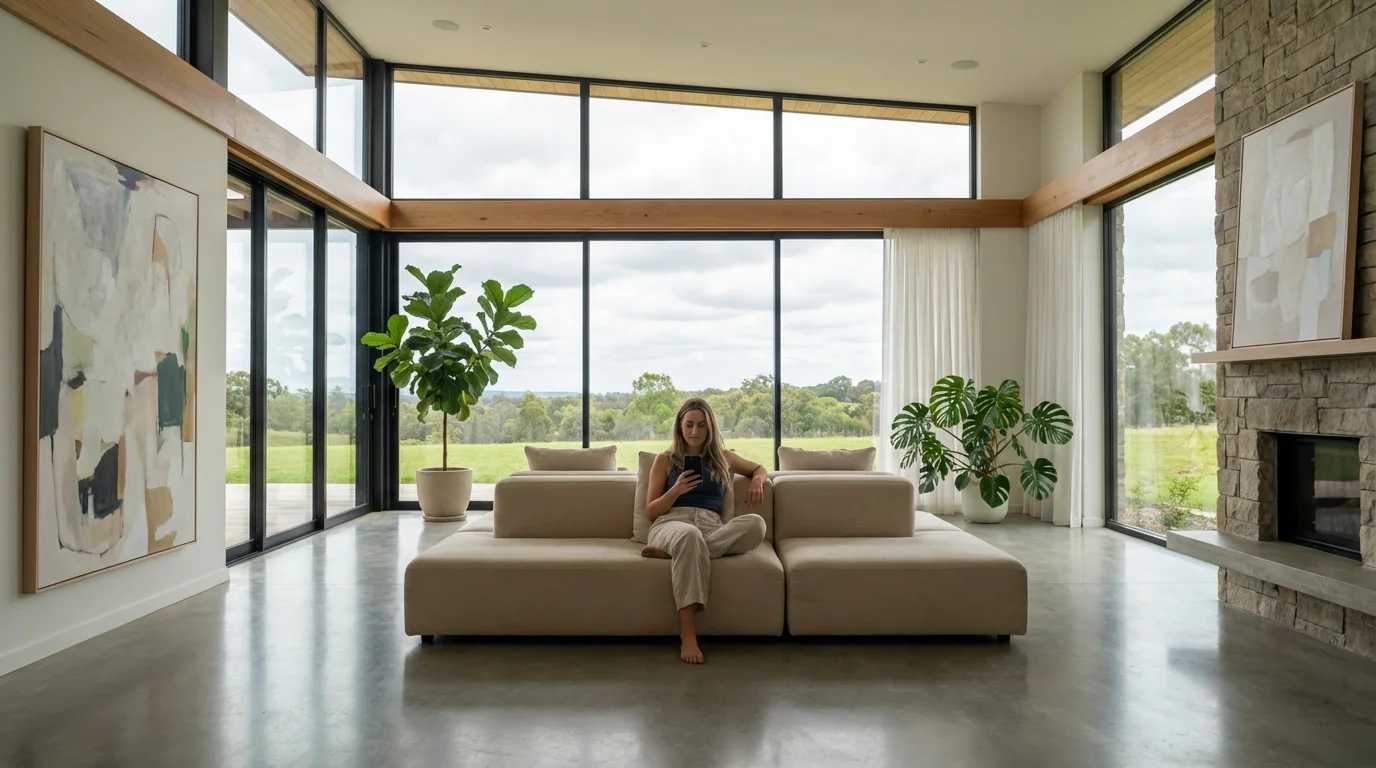 Woman sitting in modern living room using smartphone to adjust privacy settings