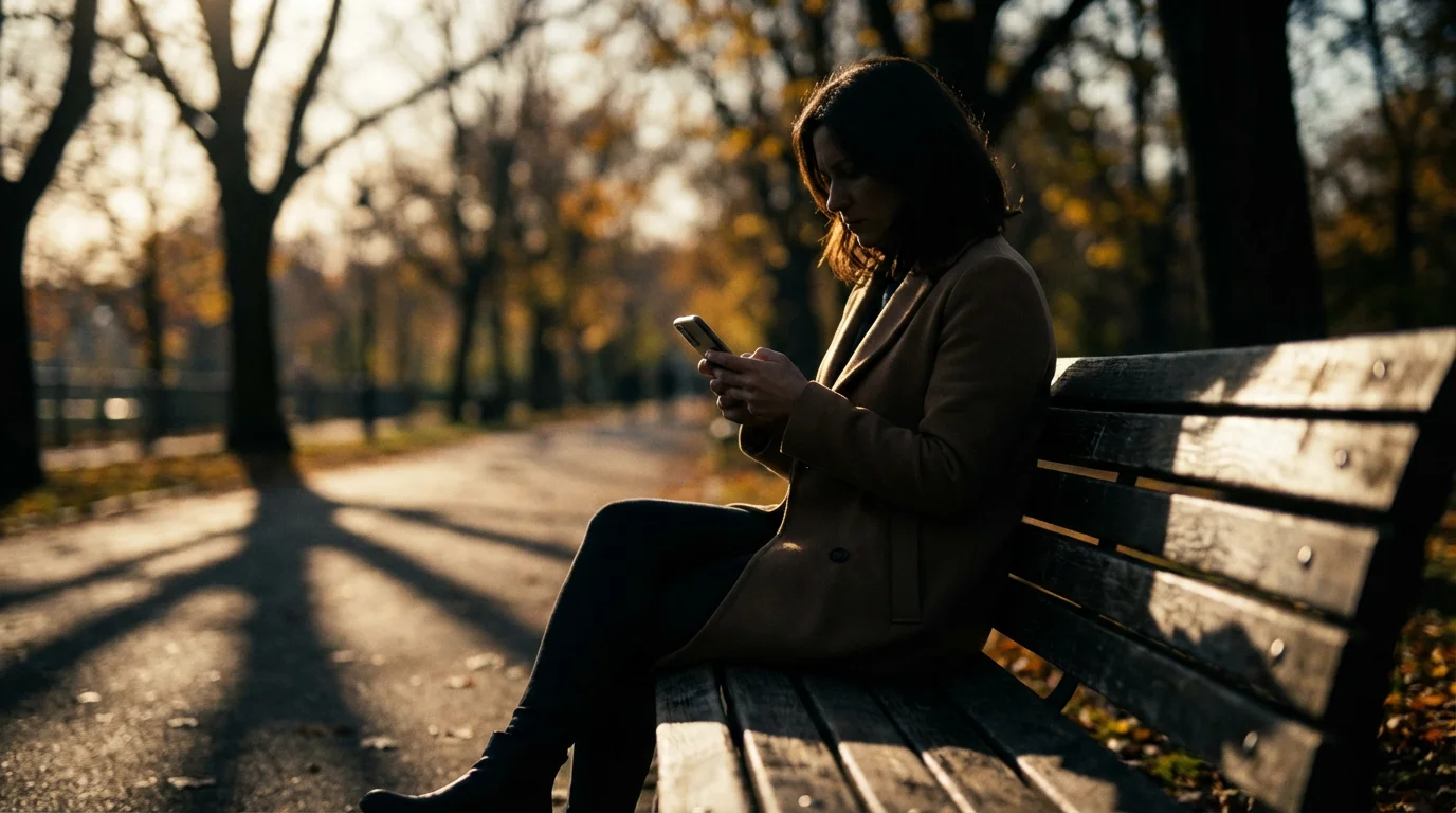 Woman sitting on a park bench reviewing a smartphone notification in dramatic afternoon lighting.