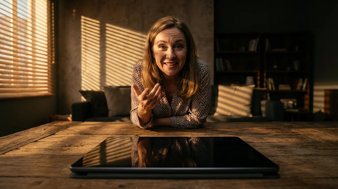 Woman smiling during a video call in a living room with dramatic afternoon lighting.