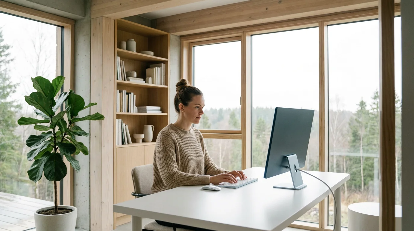 Woman typing on computer keyboard in a bright, modern home office environment.