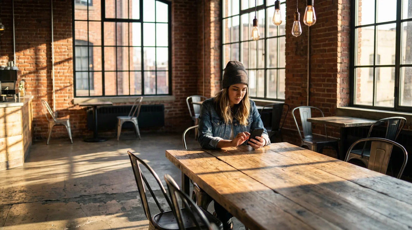 Woman using smartphone in a sunlit cafe with dramatic shadows representing ad preference management.