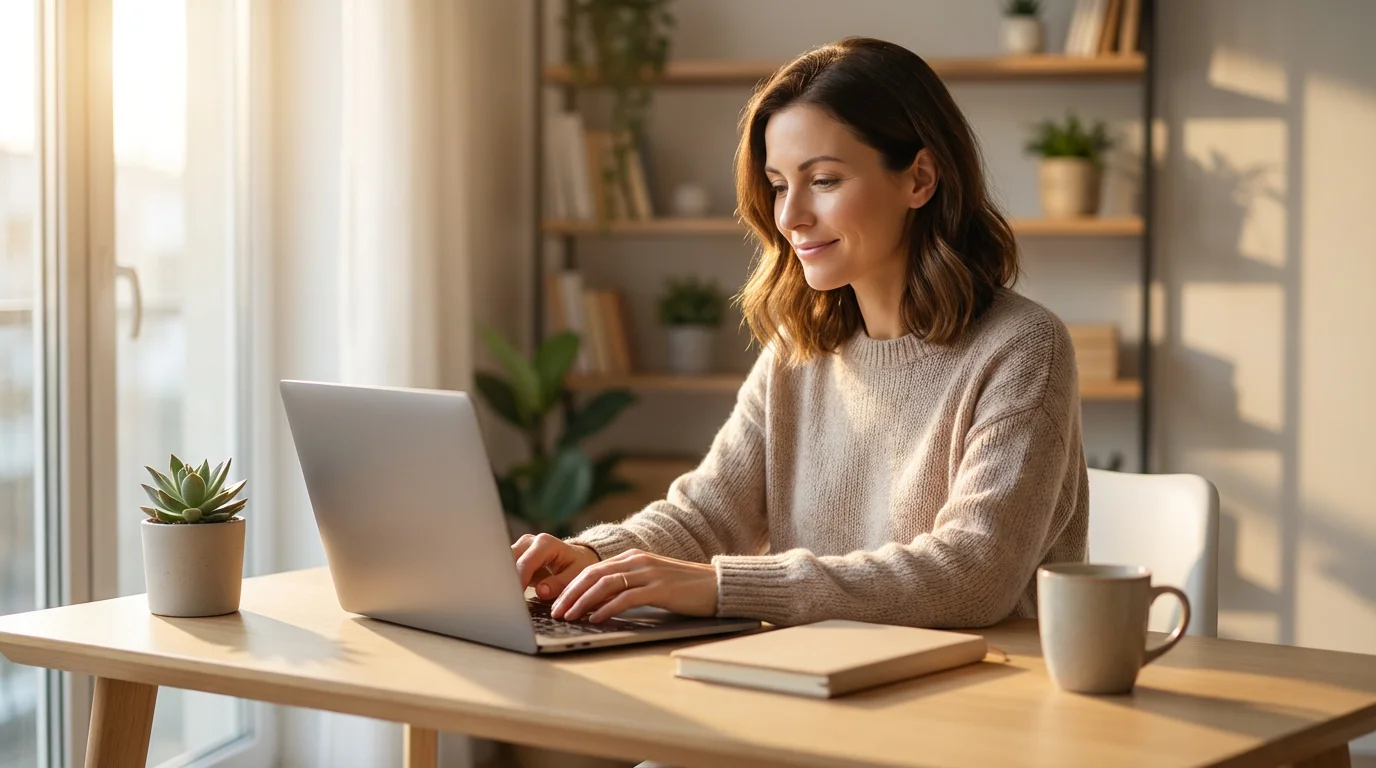 Woman working productively at an organized desk in a sunlit home office.