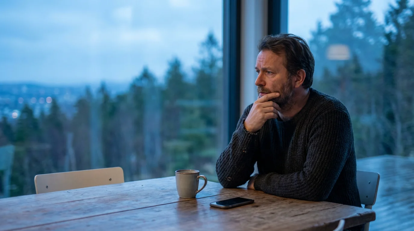 Worried person sitting at a table during evening blue hour reflecting on a situation.