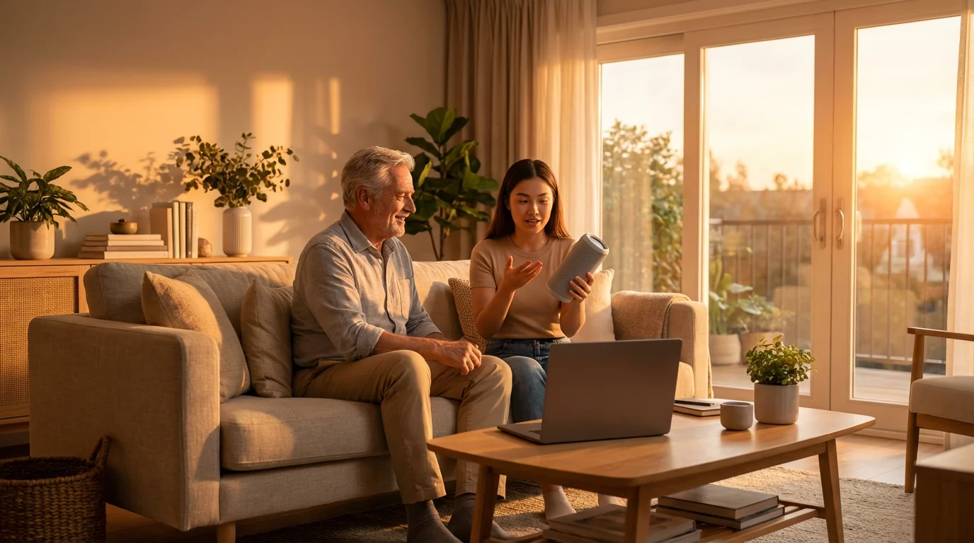 Younger person helping senior man with bluetooth speaker troubleshooting in sunny living room.