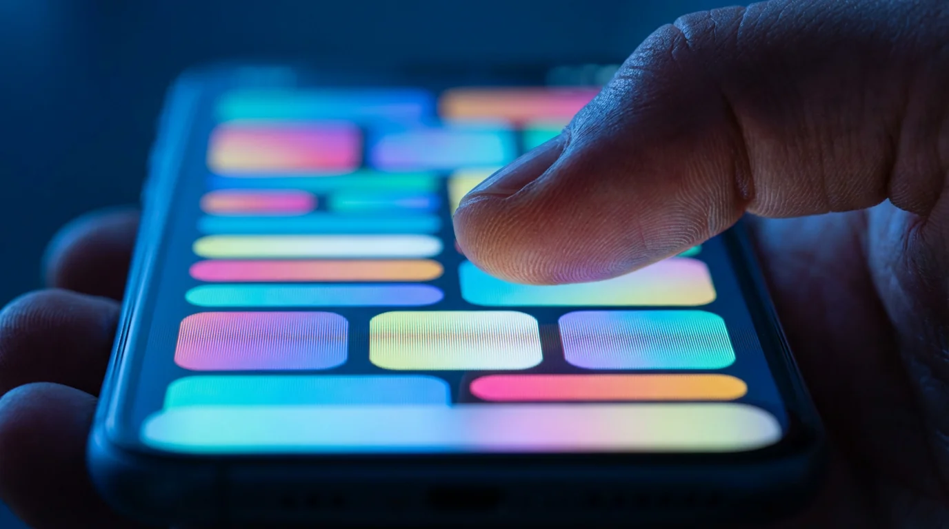 Close-up macro photo of a thumb scrolling a smartphone app store screen in blue light.