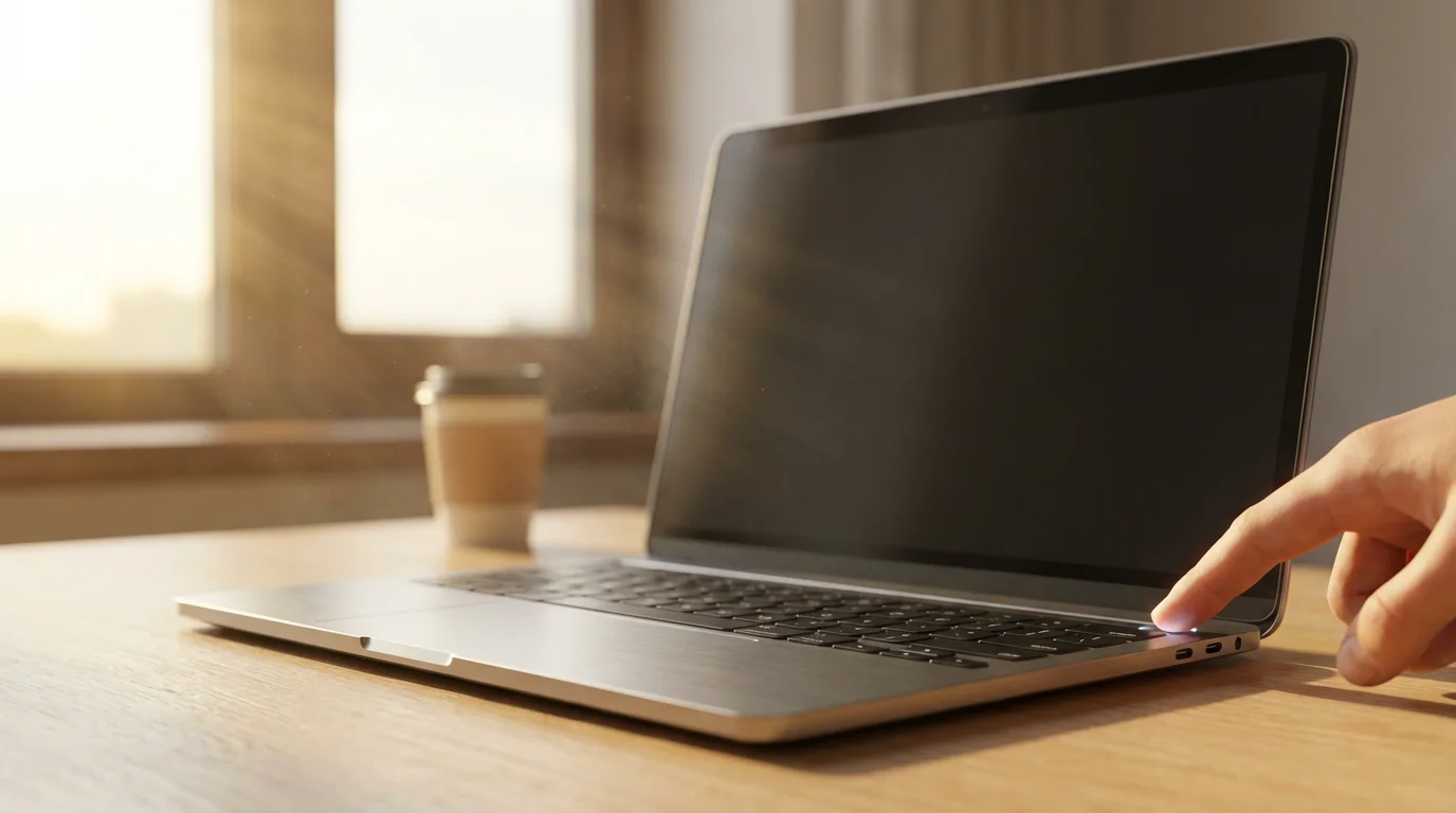 Close-up of a finger pressing a laptop power button on a wooden desk.