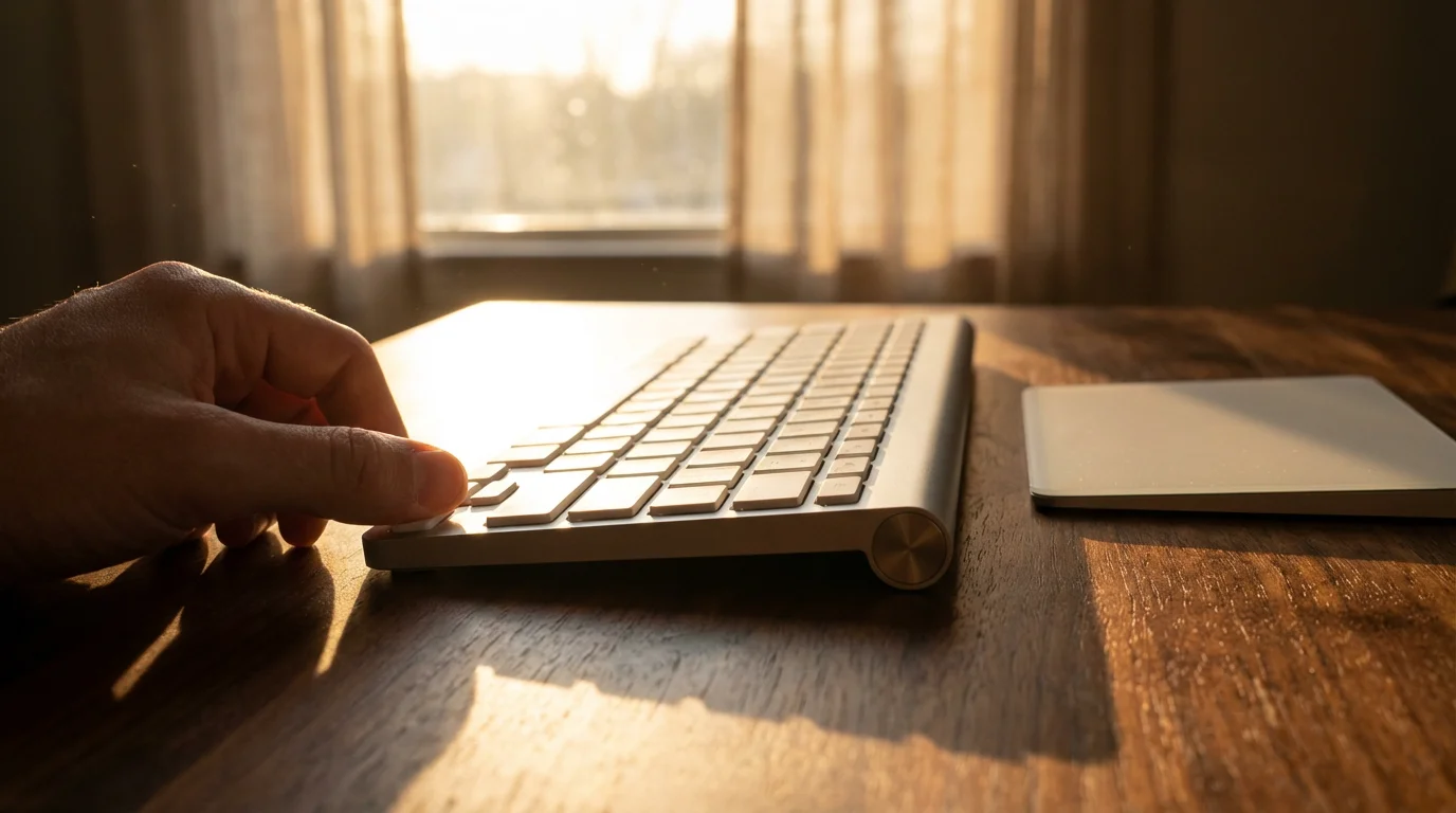 Close-up of hand on silver Mac keyboard performing shortcuts on wooden desk during sunset.