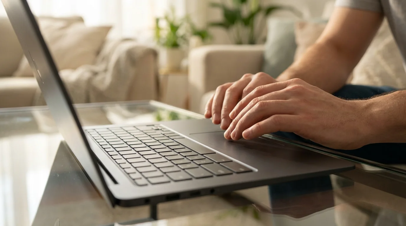 Close-up side view of hands typing on a sleek laptop on a glass table.