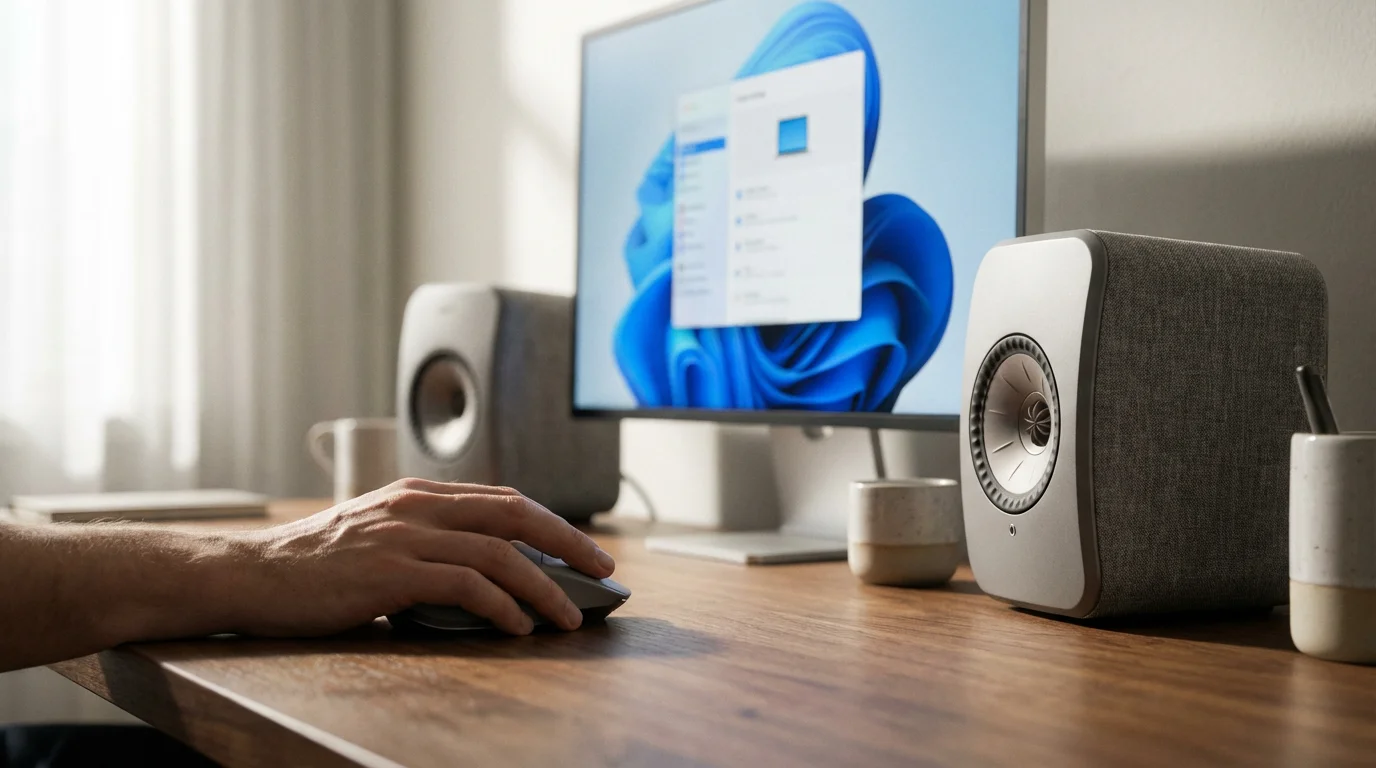 External speakers on a desk with a user adjusting computer settings in the background.