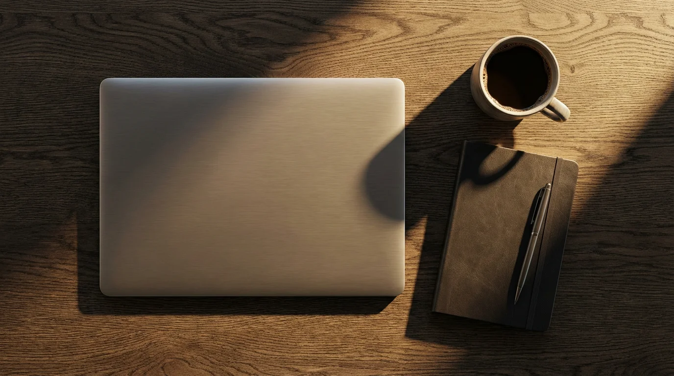 Flat lay of a closed laptop on a dark wooden desk with dramatic afternoon shadows.