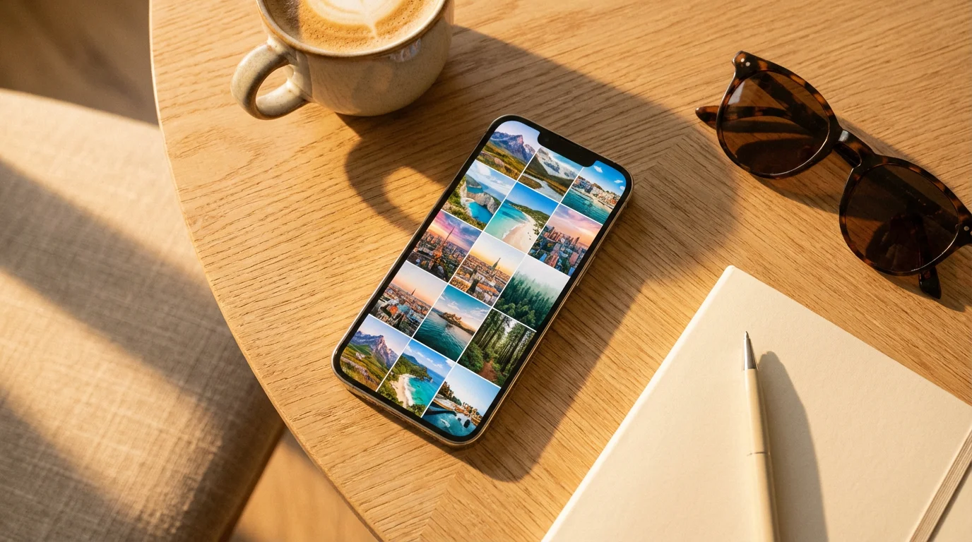 Flat lay of iPhone showing photo gallery on screen with coffee and sunglasses on desk