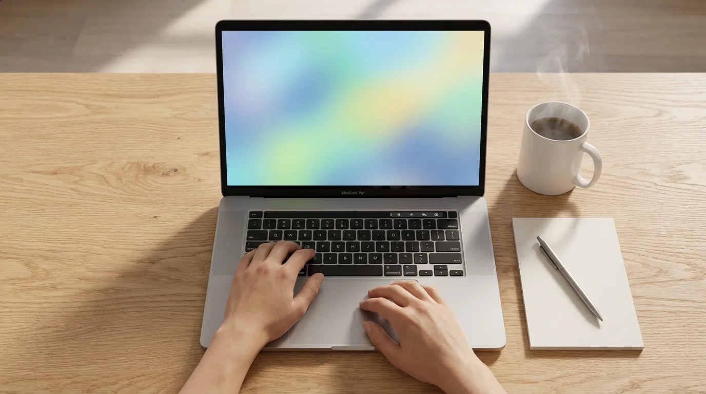 Flat lay of MacBook and coffee on wooden desk in soft morning light.