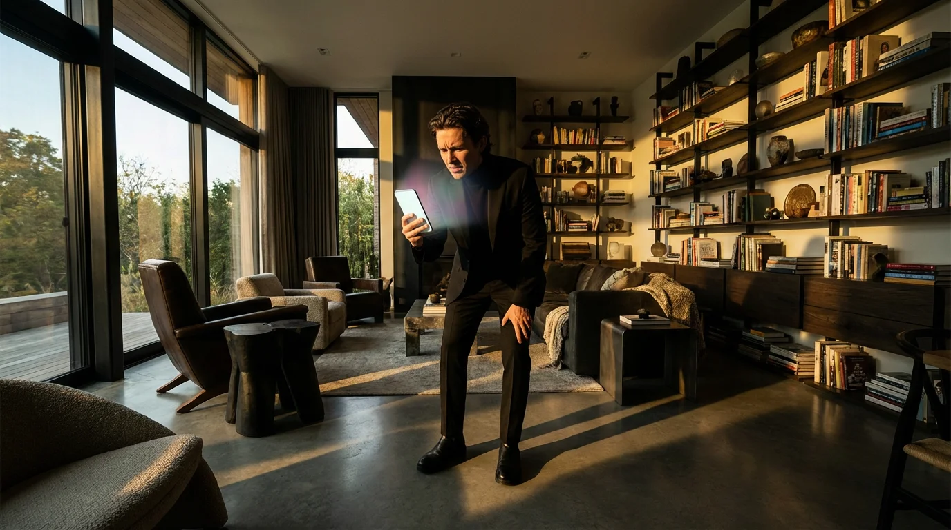 Frustrated person looking at phone in a sunlit living room with dramatic shadows.