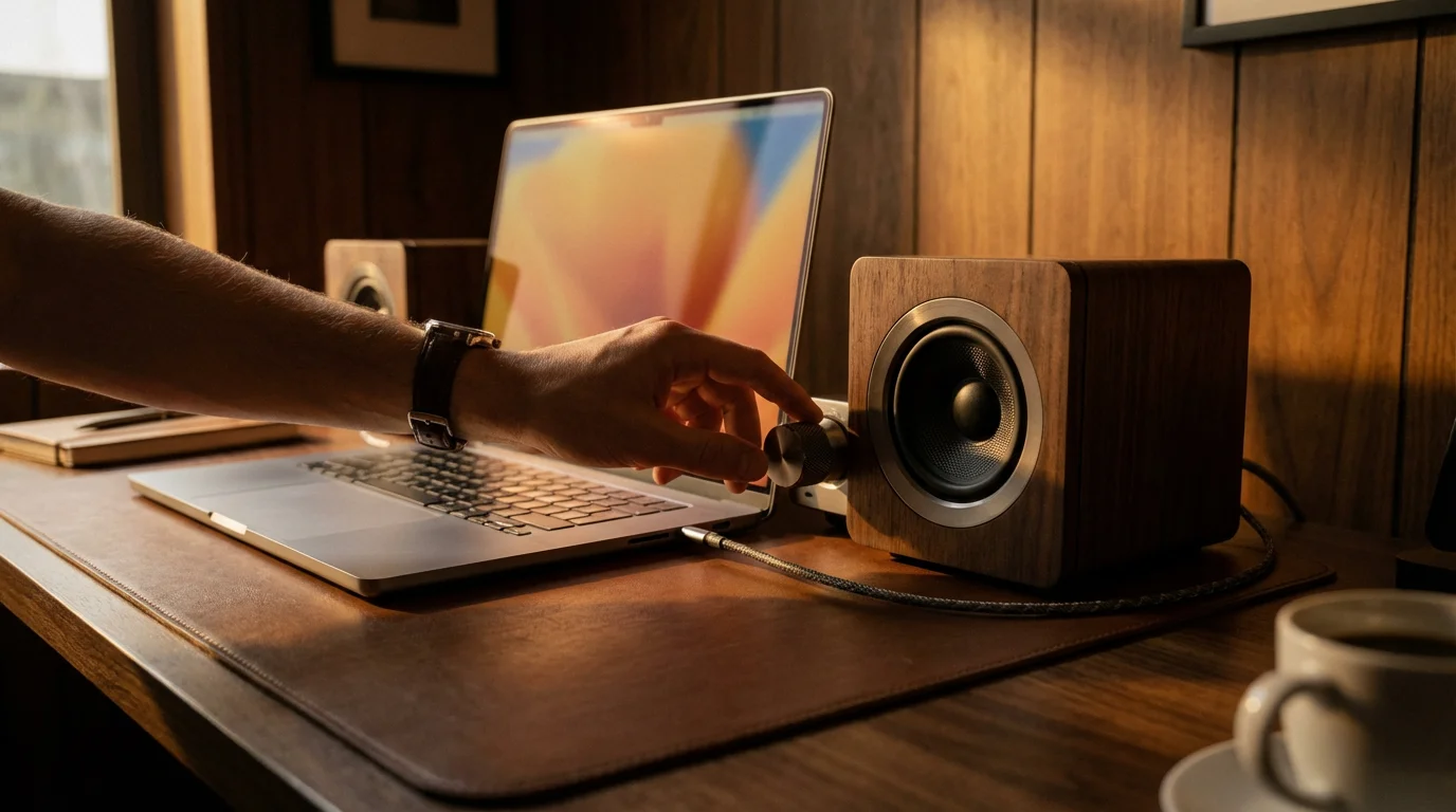 Hand adjusting external speaker knob next to silver laptop during golden hour.