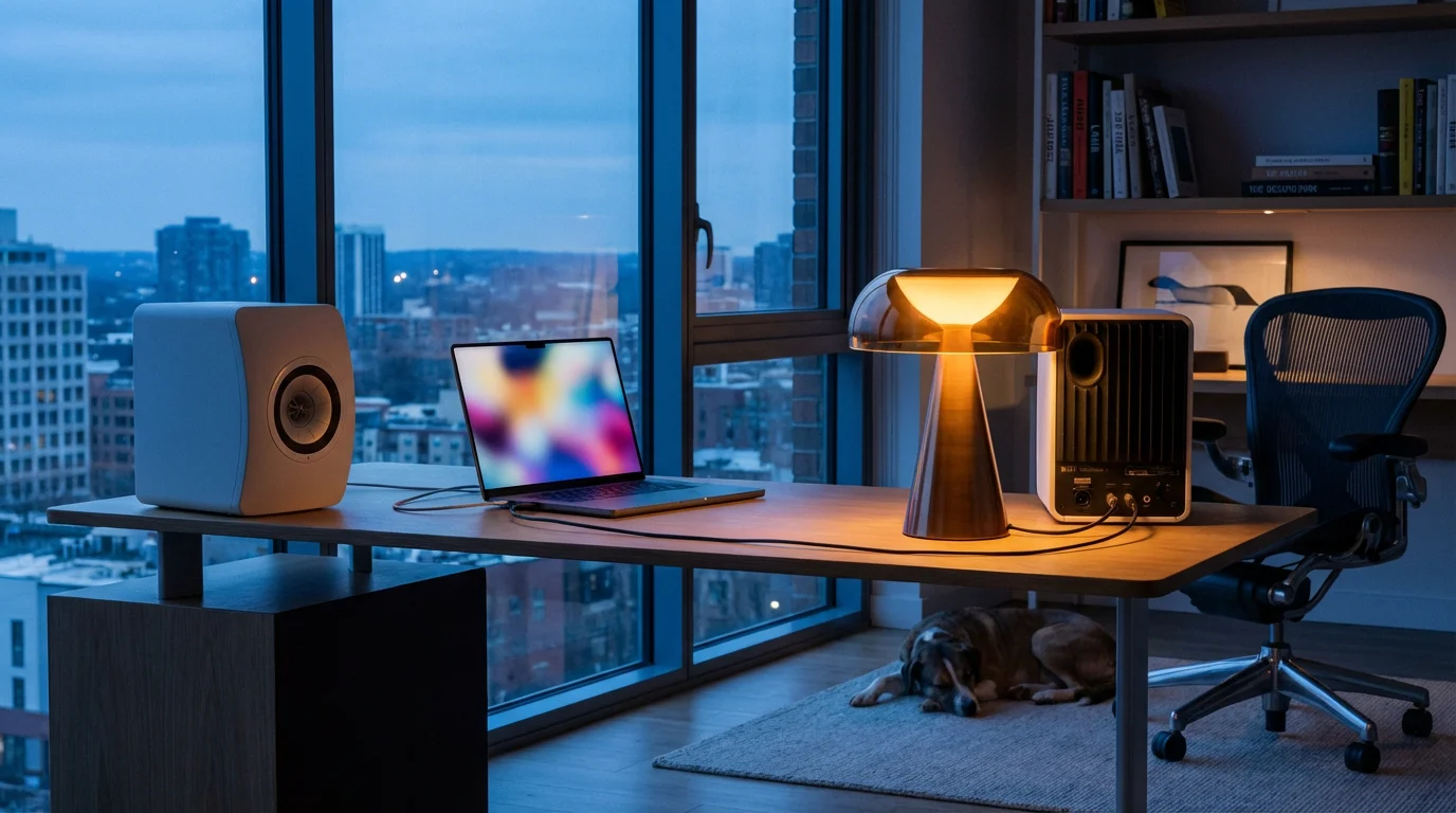 Home office desk with laptop and speakers illuminated by blue evening light