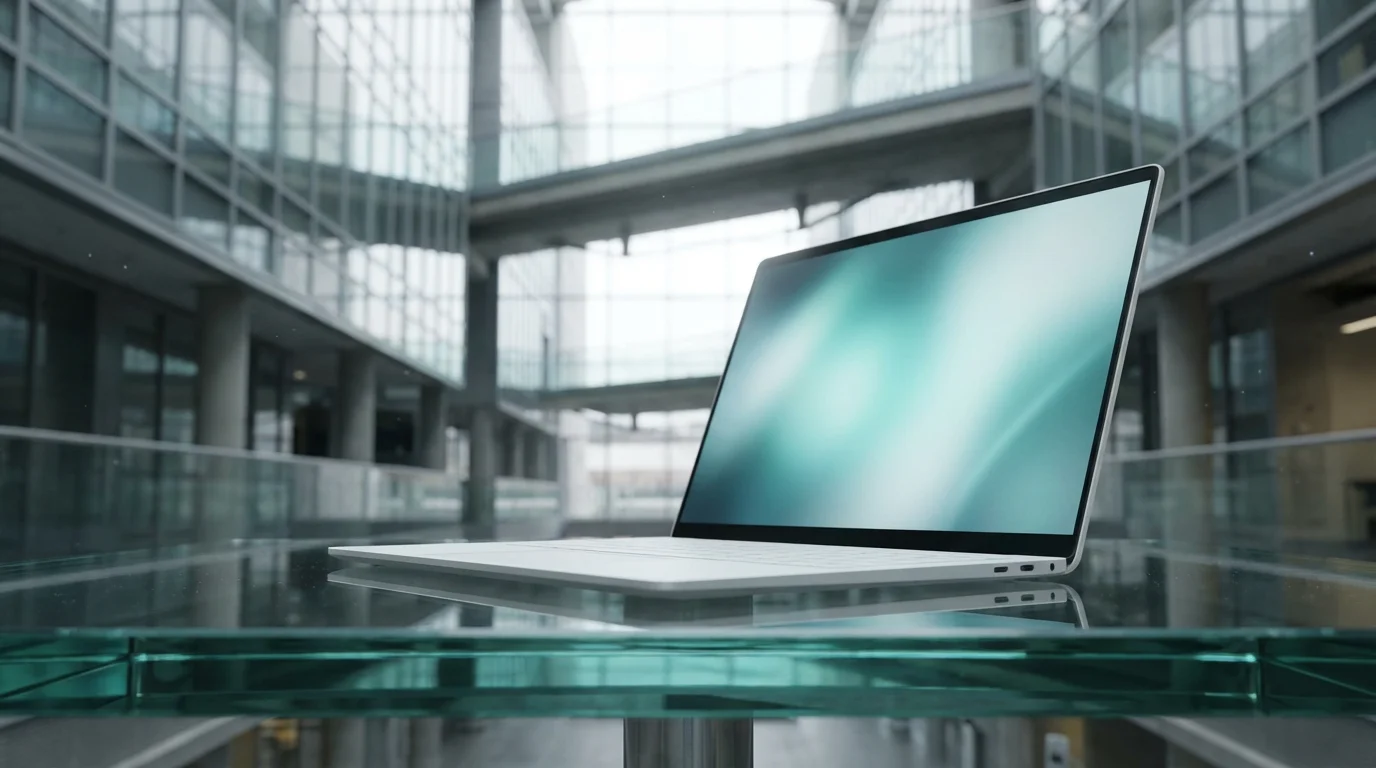 Low angle view of a sleek white laptop on a glass table in a modern building.
