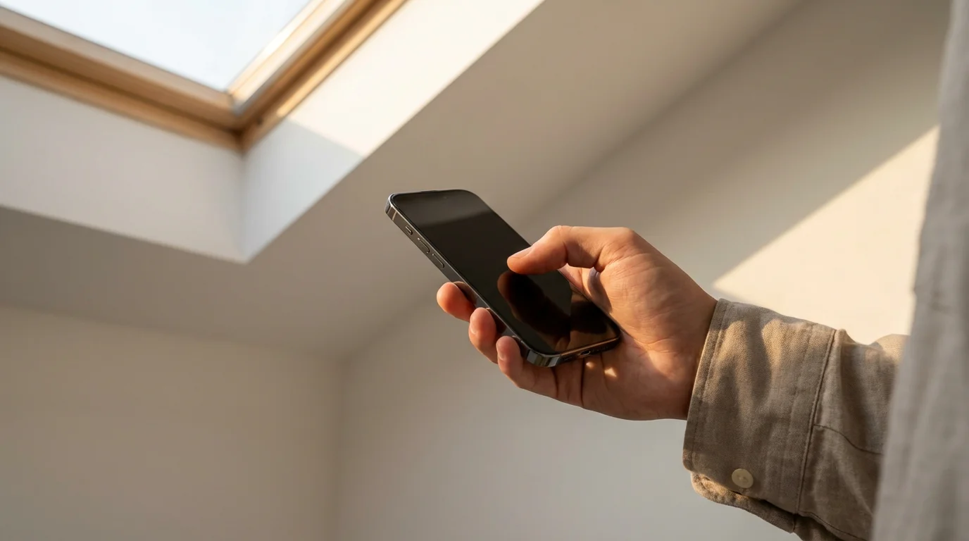 Low angle view of person holding iPhone near a window with natural light.