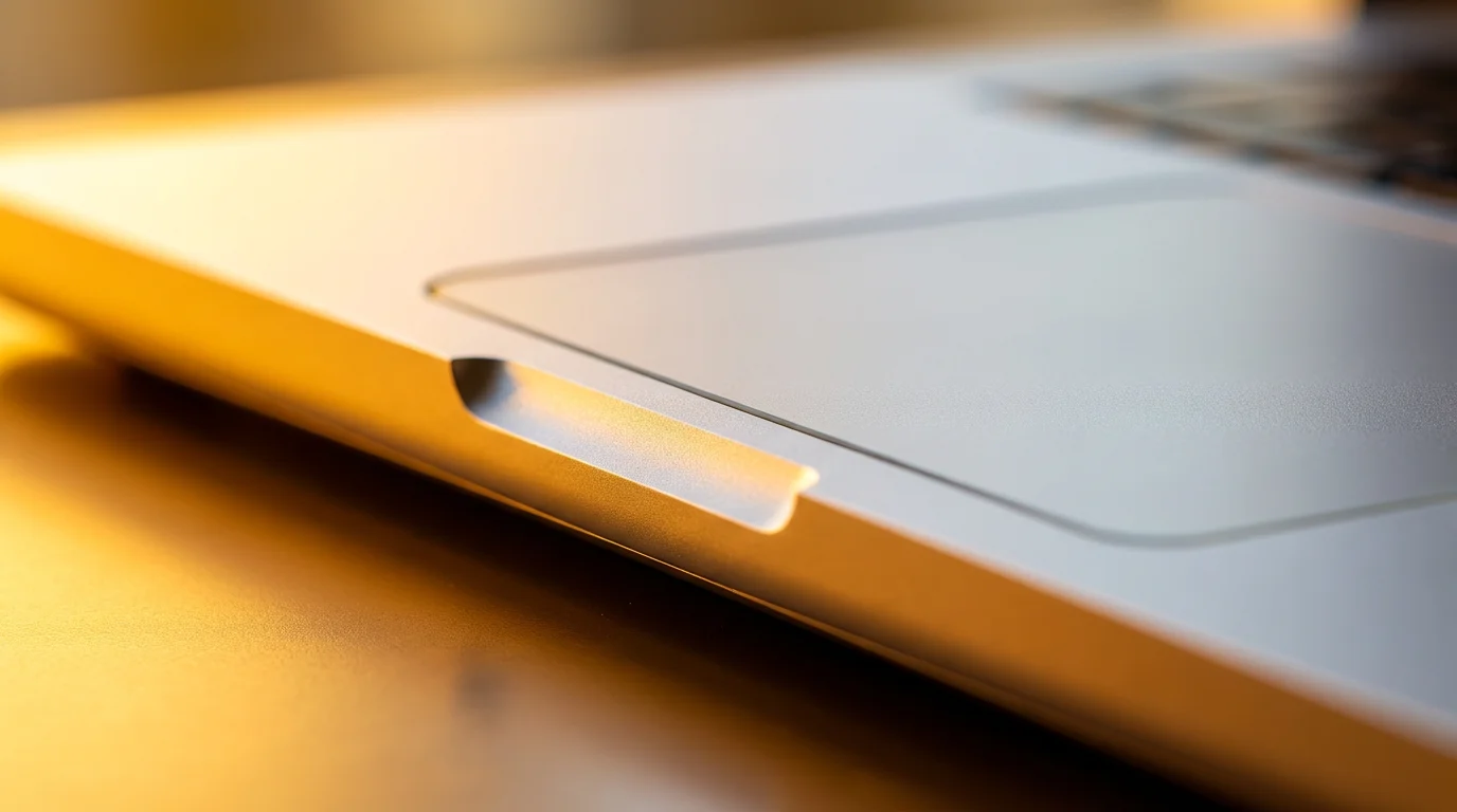 Macro photography of silver laptop trackpad edge illuminated by warm golden hour sunlight.