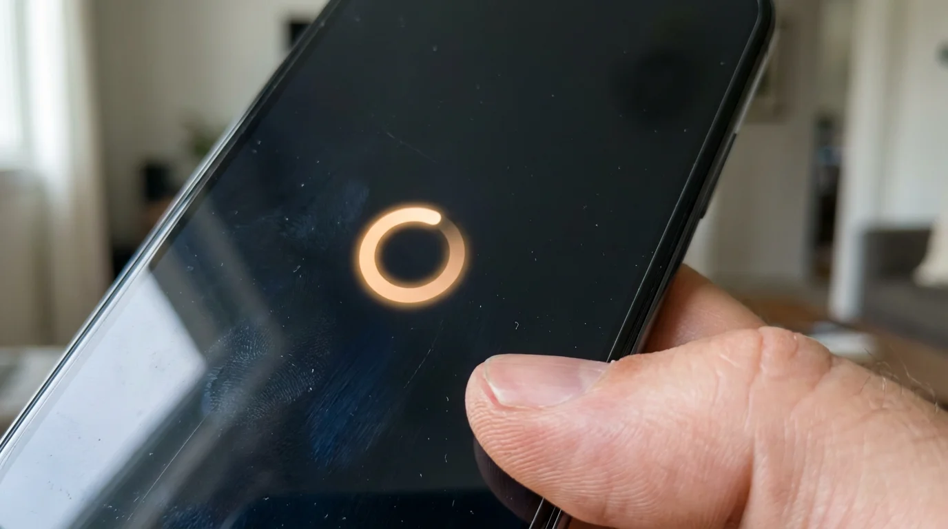 Macro shot of a smartphone screen showing a loading spinner indicating a stuck download.