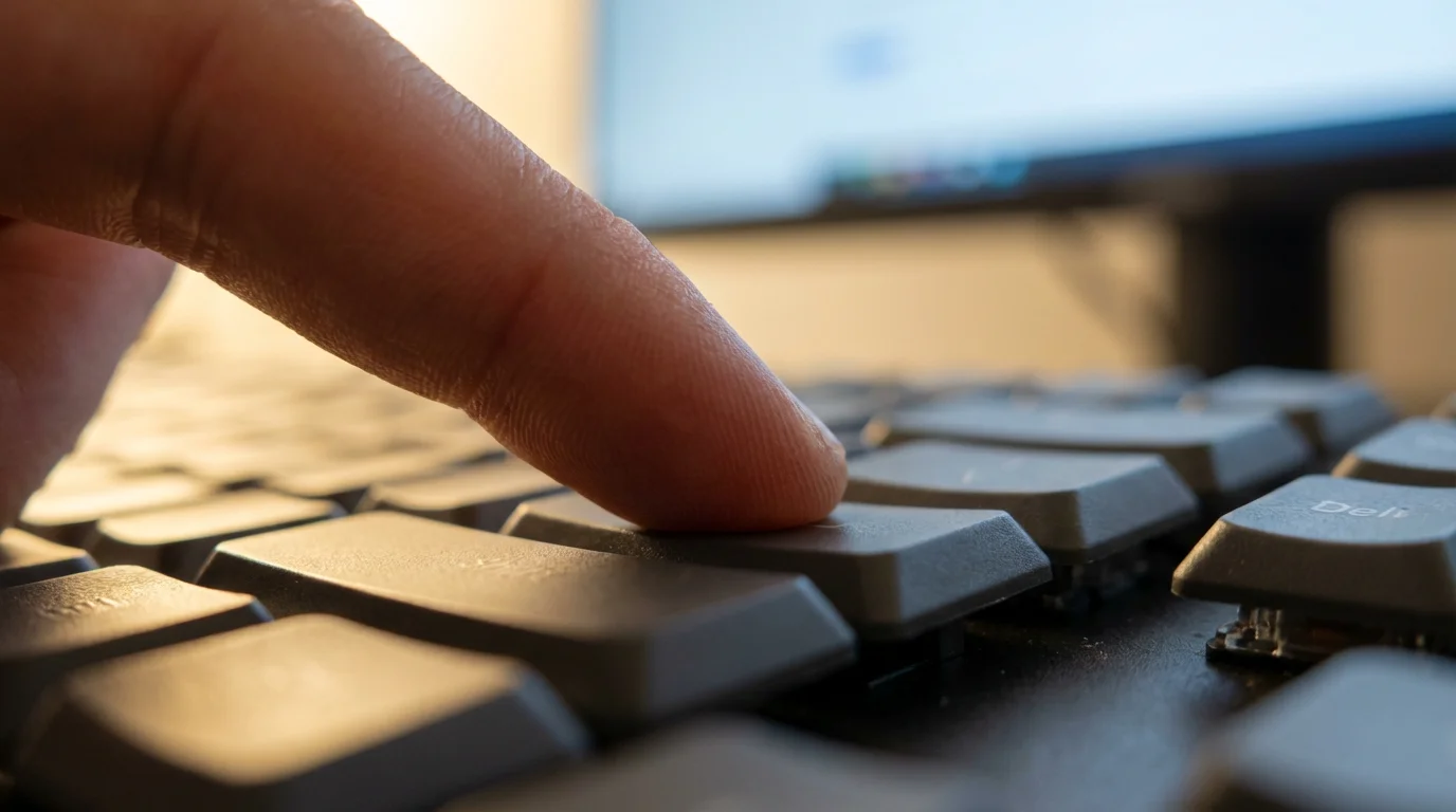 Macro shot of finger pressing keyboard key in soft lighting.
