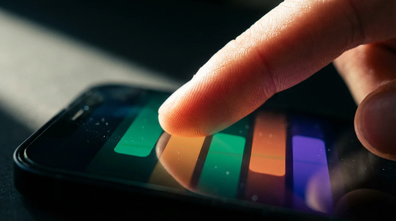Macro shot of finger scrolling through colorful abstract app categories on a smartphone screen.