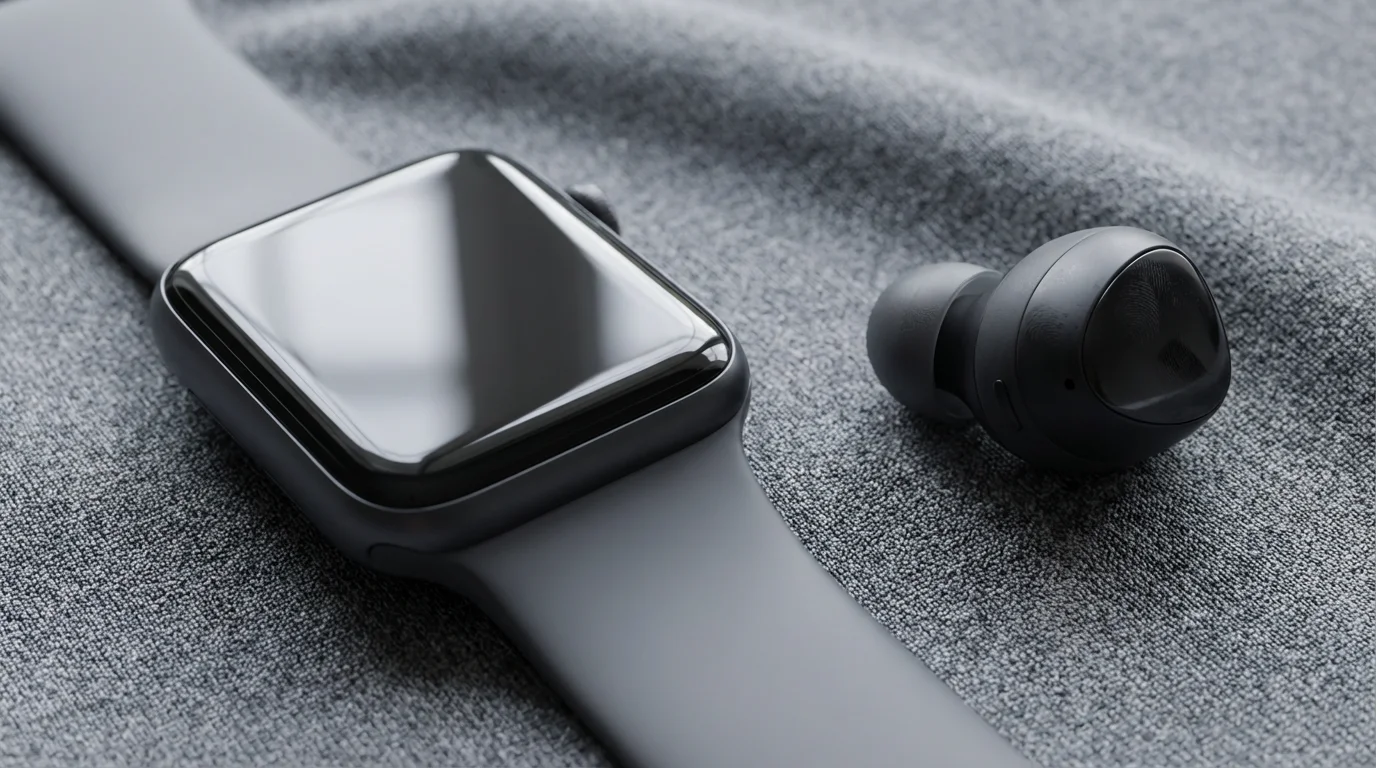 Macro shot of smartwatch and wireless earbud on textured athletic fabric.