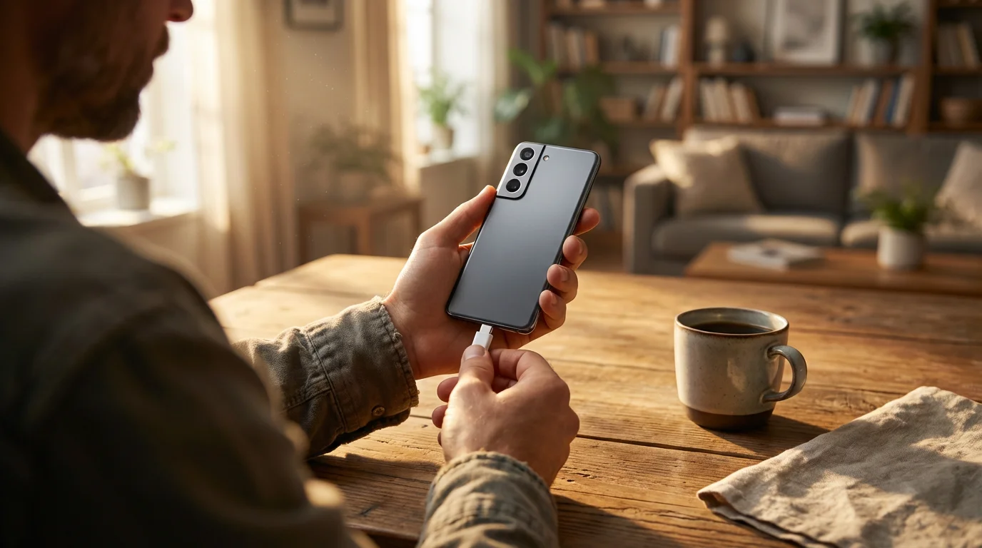 Over-the-shoulder view of hands plugging a charging cable into an Android phone.