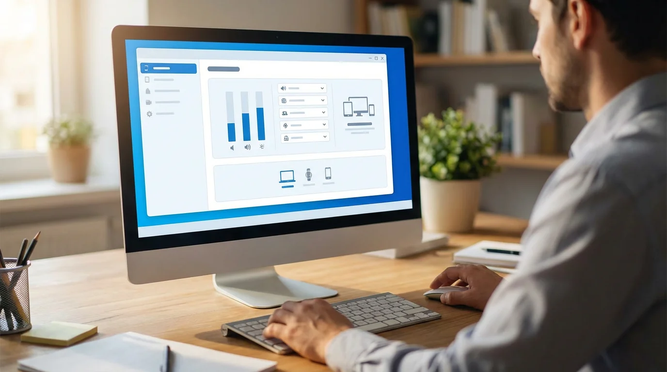 Over-the-shoulder view of person adjusting volume settings on a computer monitor.