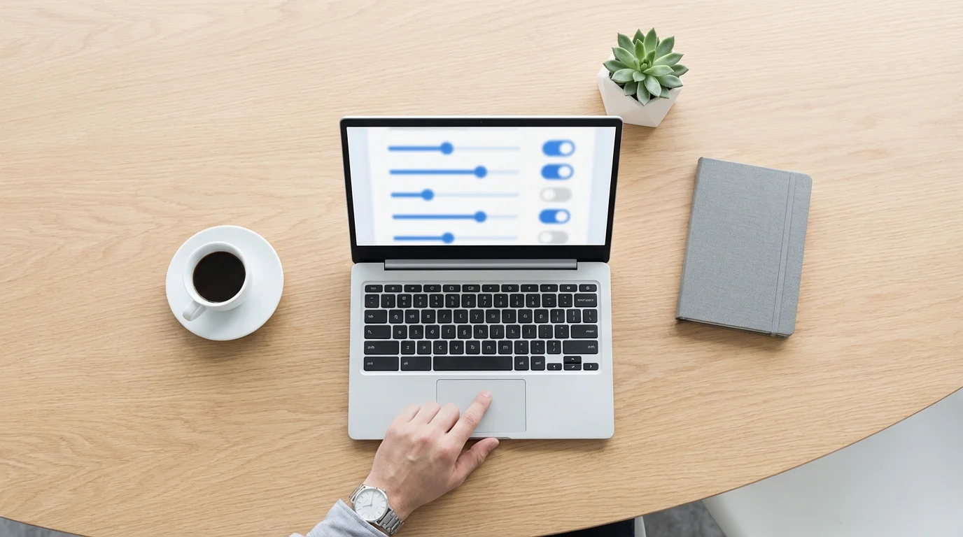 Overhead view of a Chromebook on a desk showing audio volume sliders on screen.