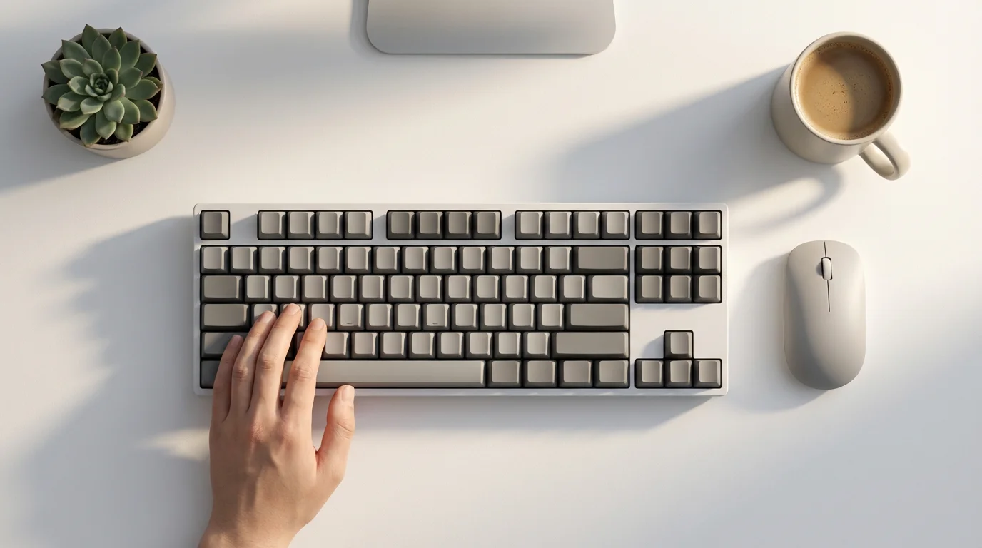 Overhead view of hands typing on a computer keyboard on a white desk.