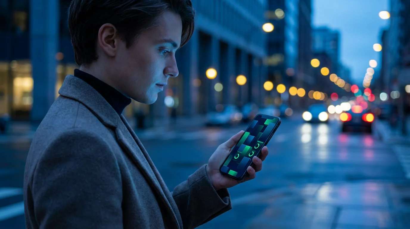 Person checking smartphone for app updates on a city street at evening.