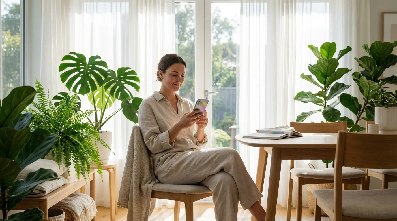 Person confidently using smartphone in sunny room symbolizing successful app download and customization.