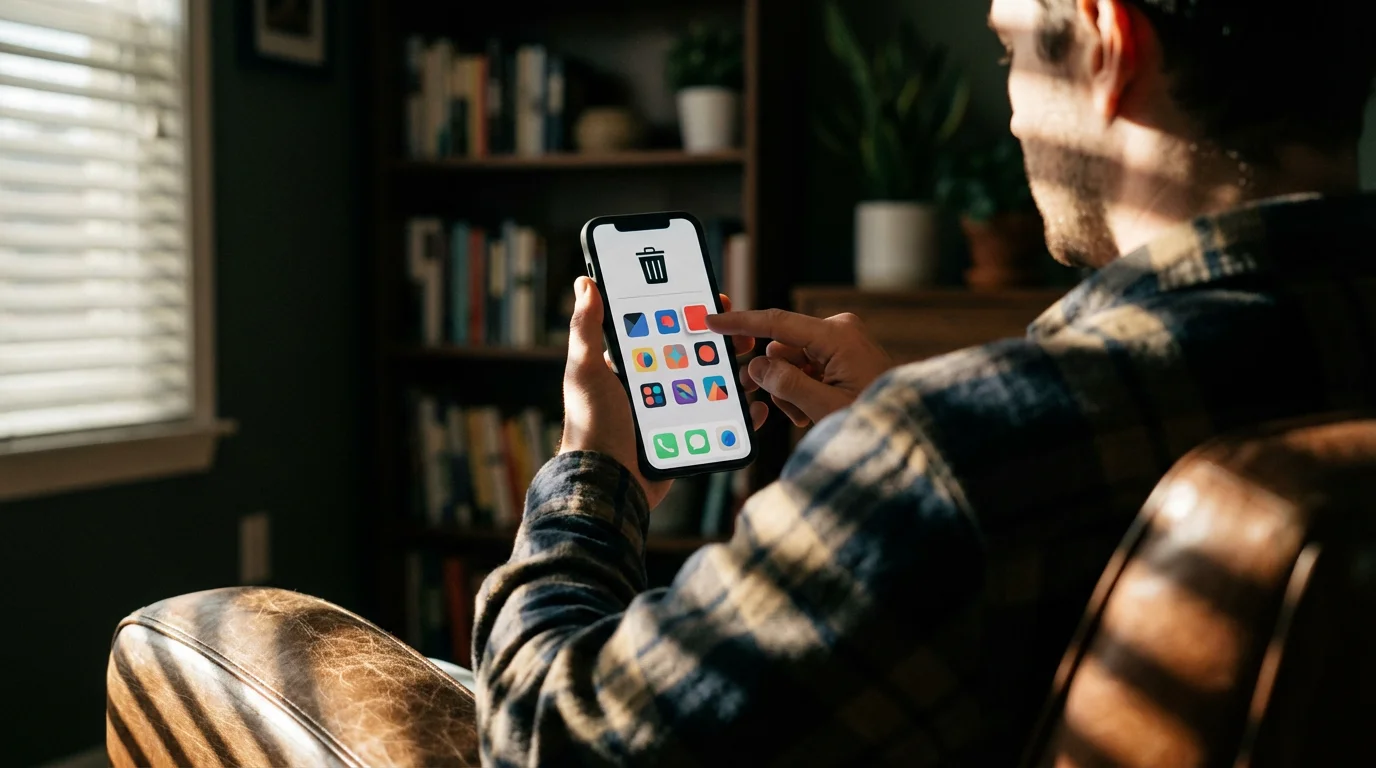 Person holding a phone dragging an app icon to a trash bin to uninstall.
