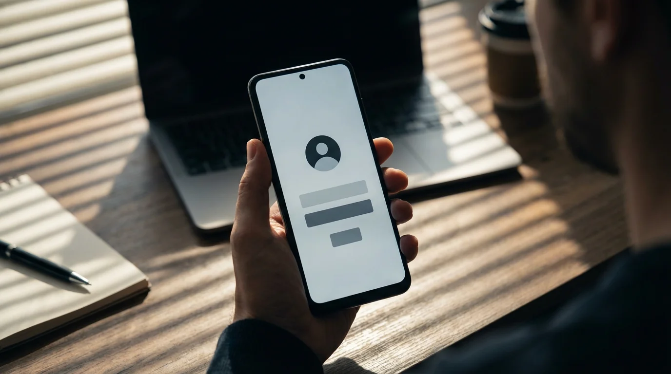 Person holding Android phone displaying abstract user profile icon with moody lighting.