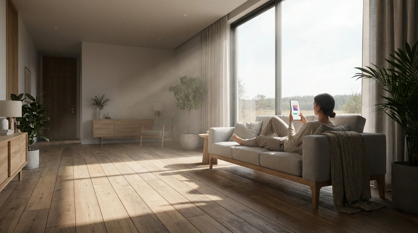 Person holding smartphone showing download progress bar in sunlit living room.